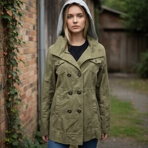 Hurley Hooded Double-Breasted Military Jacket Size M Army Green Full zip Button